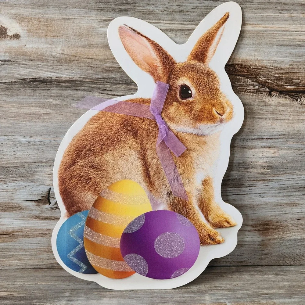 Easter Greeting Card Die Cut Bunny Rabbit Purple Ribbon Glitter Eggs Spring
